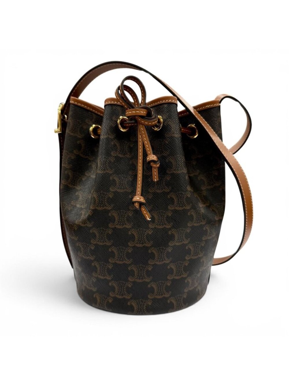 Celine Triomphe Small Drawstring Shoulder Bag Canvas Tan Keep